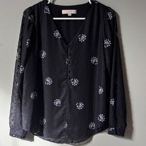 LOFT Navy V neck Blouse with Blue Floral Design